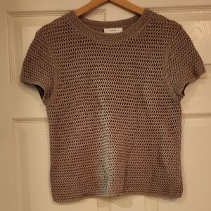 Vince Taupe Crochet Short Sleeve Knit Top